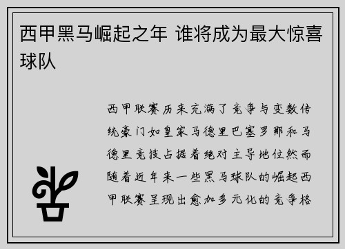 西甲黑马崛起之年 谁将成为最大惊喜球队